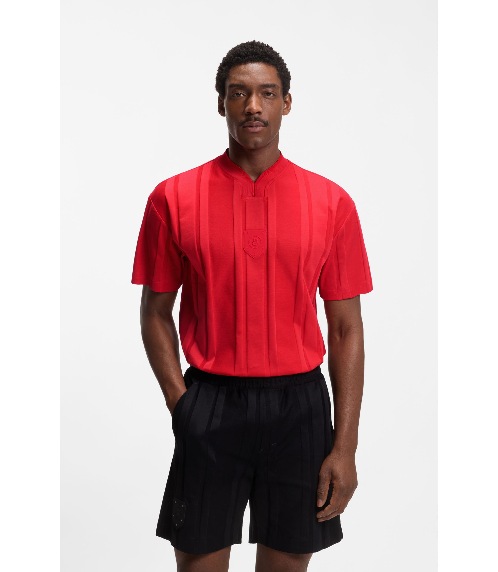 BOSS - Textured-stripe T-shirt in cotton - Red