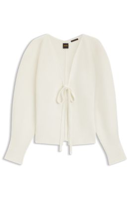 Tie-front rib-knit cardigan with balloon sleeves, White
