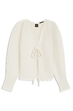 Tie-front rib-knit cardigan with balloon sleeves
