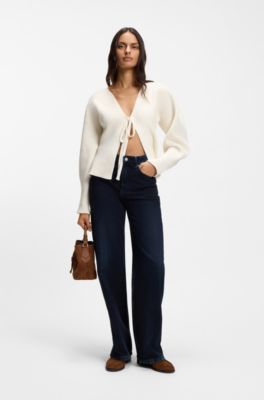 Tie-front rib-knit cardigan with balloon sleeves, White