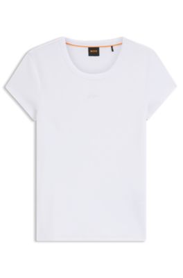 T-shirt Slim en coton stretch &agrave; logo brod&eacute;, Blanc