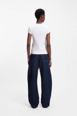 Camiseta slim fit de algod&oacute;n el&aacute;stico con logo bordado, Blanco