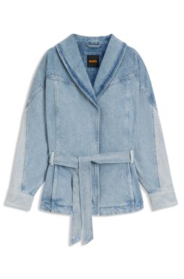 Veste en denim rigide bleu avec basque et ceinture, Bleu