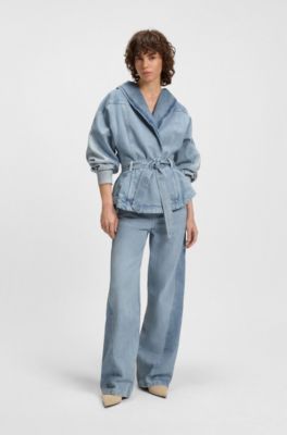 Blue peplum-hem jacket in rigid denim, Blue