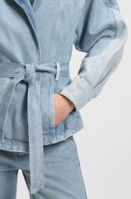 Blue peplum-hem jacket in rigid denim, Blue