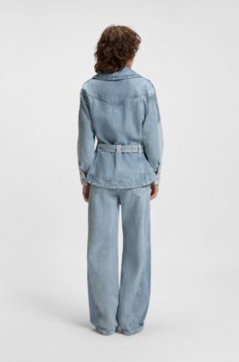 Blue peplum-hem jacket in rigid denim, Blue