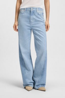 Vaqueros de pernera ancha en denim r&iacute;gido azul con paneles, Azul