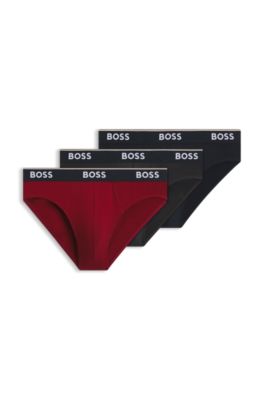 Three-pack of logo-waistband briefs in stretch cotton, Light Red