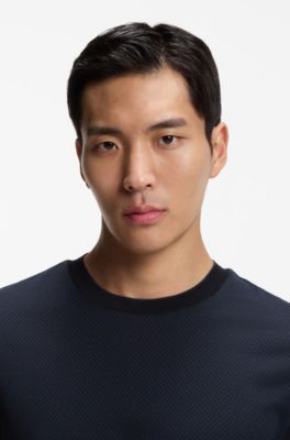 Jacquard-structure T-shirt in mercerised cotton, Dark Blue