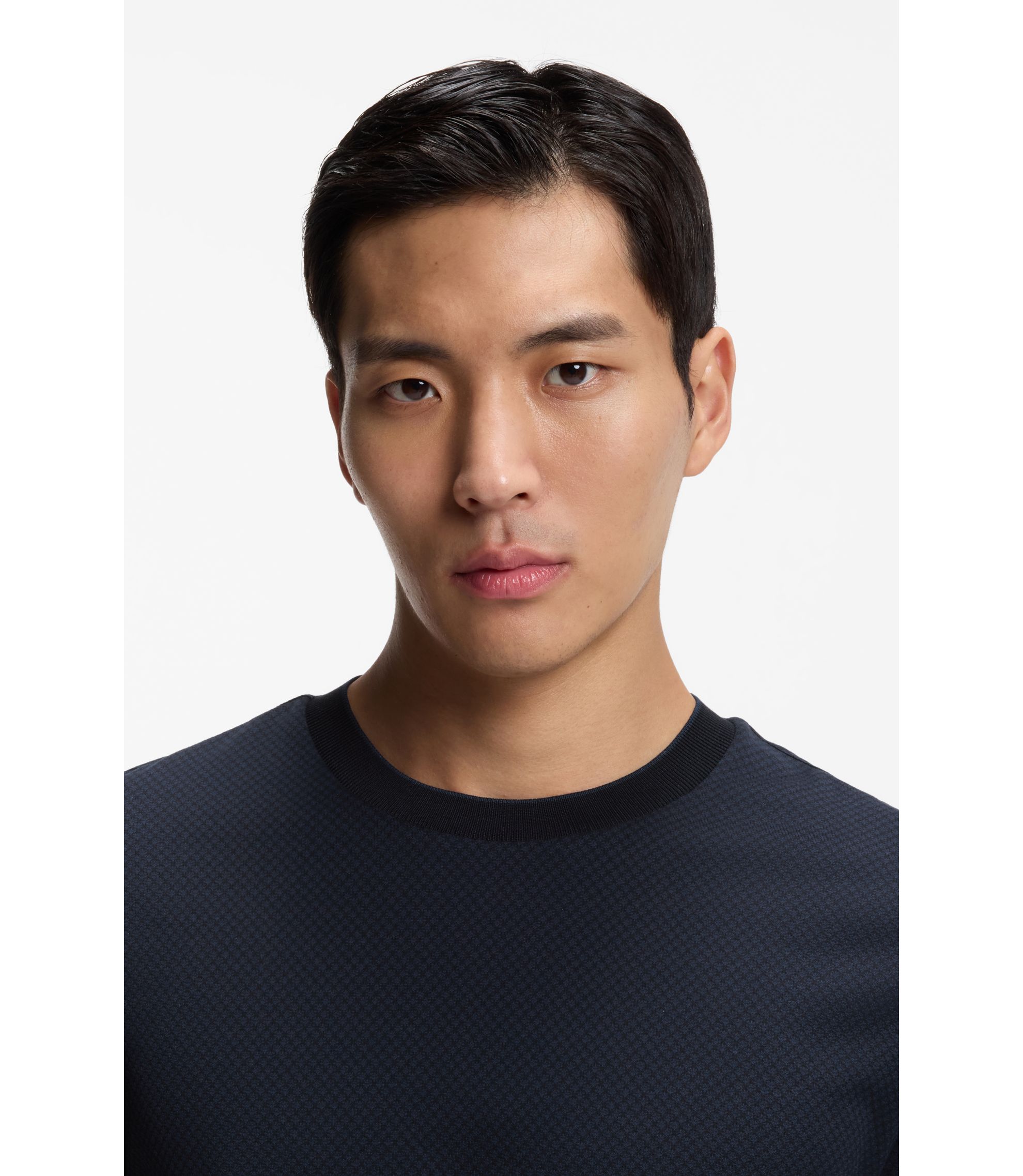 【極美品】hugo boss ニットTシャツ シルク製 紺色M ジョンスメドレー BOSS - Jacquard-structure T-shirt in mercerised cotton - Dark Blue