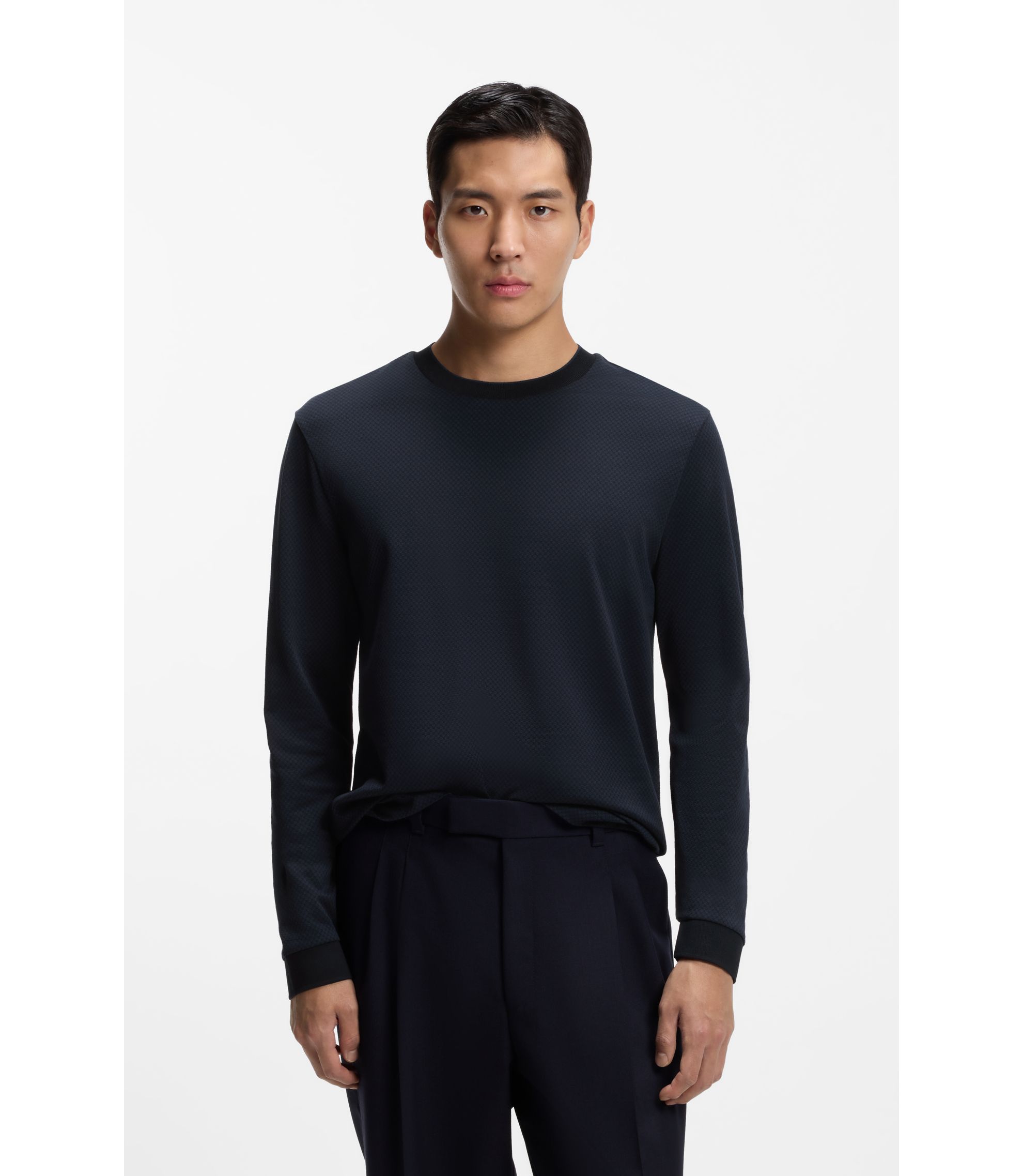 BOSS - Jacquard-structure T-shirt in mercerised cotton - Dark Blue