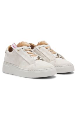 BOSS x Steiff mohair-fur-trim trainers in suede, White