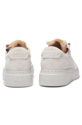 BOSS x Steiff mohair-fur-trim trainers in suede, White