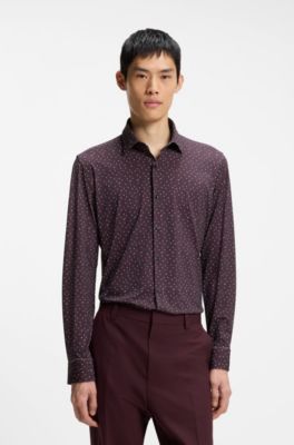 Camisa slim fit en punto t&eacute;cnico el&aacute;stico estampado, Marr&oacute;n claro