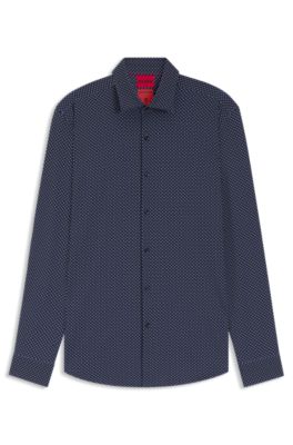 Printed slim-fit shirt in performance-stretch jersey, Dark Blue