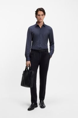 Printed slim-fit shirt in performance-stretch jersey, Dark Blue