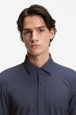 Printed slim-fit shirt in performance-stretch jersey, Dark Blue