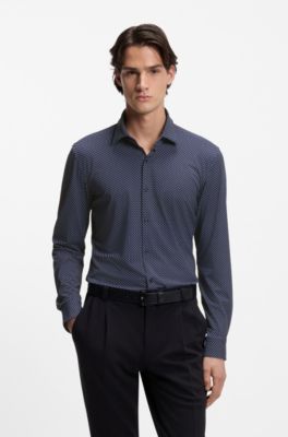 Printed slim-fit shirt in performance-stretch jersey, Dark Blue