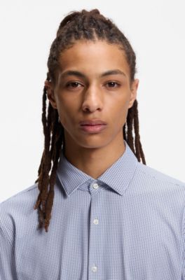 Printed slim-fit shirt in performance-stretch jersey, Light Blue