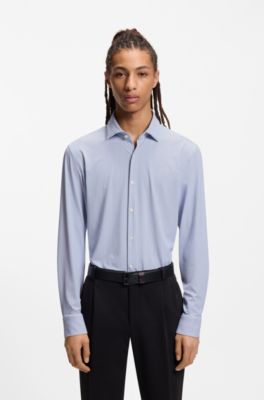 Printed slim-fit shirt in performance-stretch jersey, Light Blue