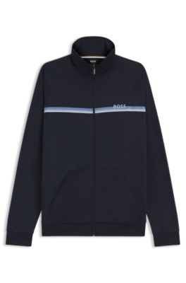 Cotton-terry jacket with logo and stripe, Dark Blue