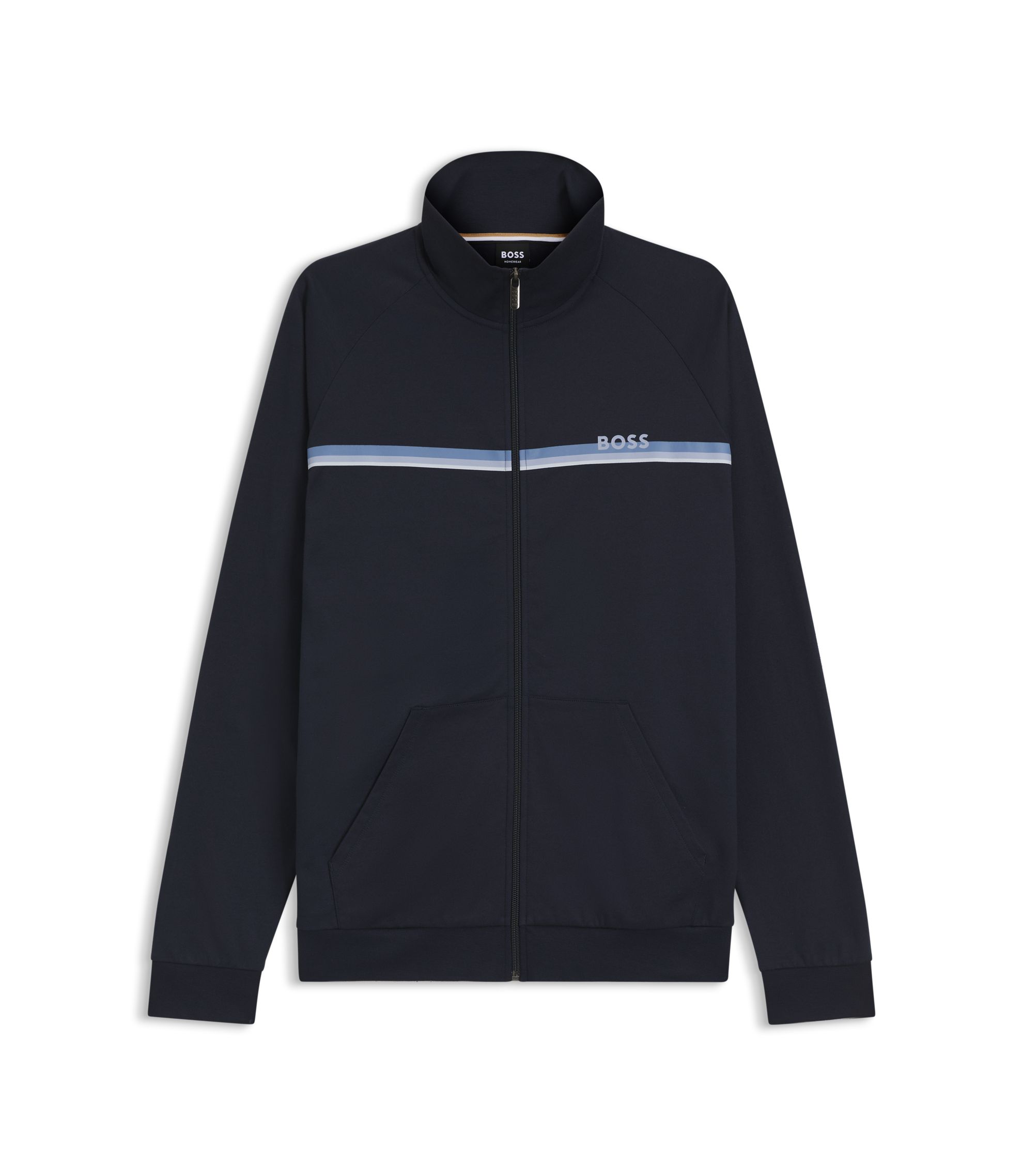 BOSS - Cotton-terry jacket with logo and stripe - Dark Blue