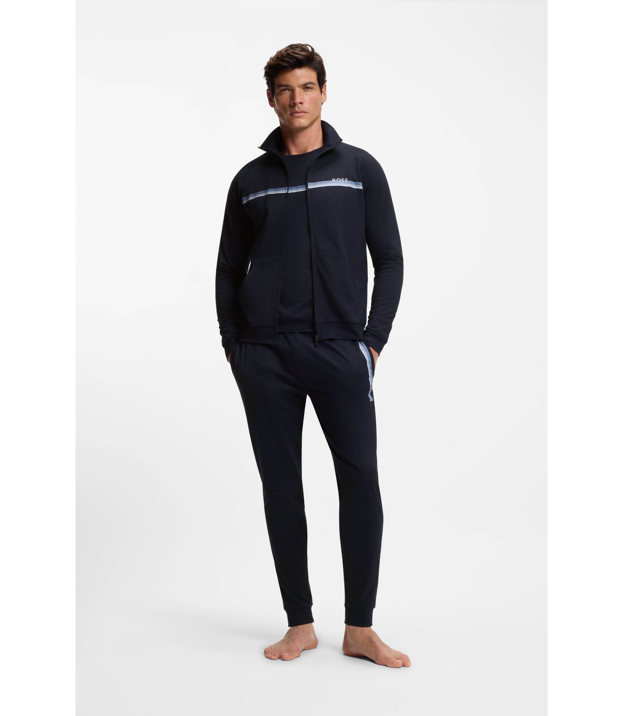 BOSS - Cotton-terry jacket with logo and stripe - Dark Blue