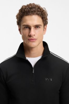 Contrast-detail zip-neck sweatshirt in a cotton blend, Black