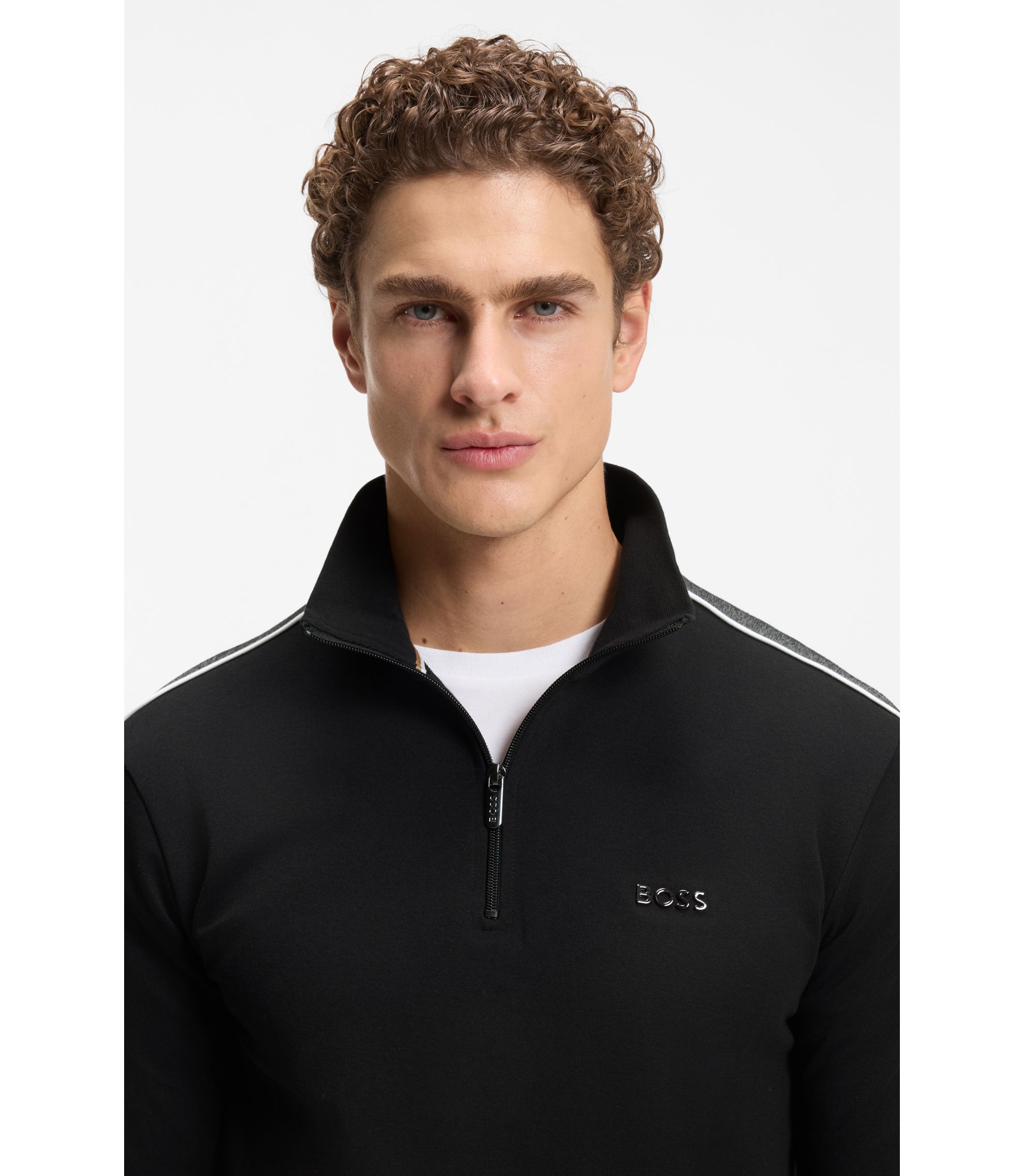 BOSS - Contrast-detail zip-neck sweatshirt in a cotton blend - Black