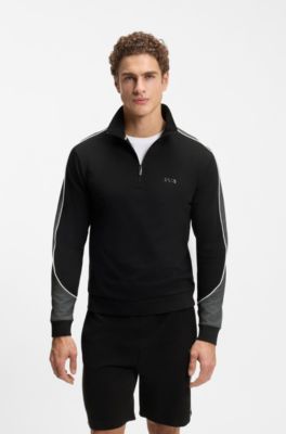 Contrast-detail zip-neck sweatshirt in a cotton blend, Black