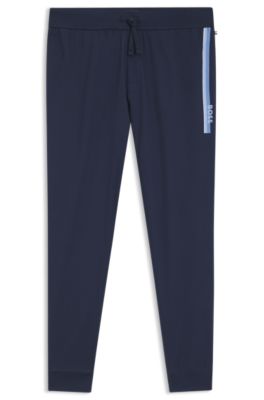 Cotton-terry tracksuit bottoms with logo and stripes, Dark Blue