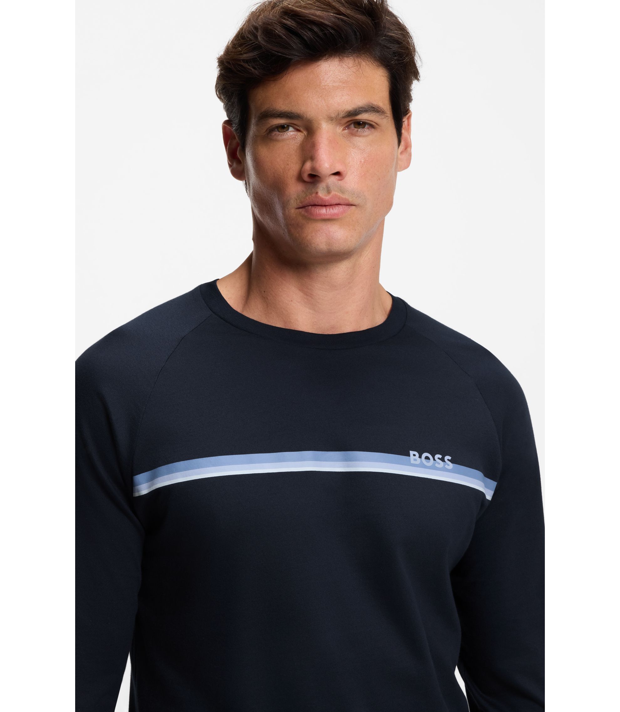 BOSS - Cotton-terry sweatshirt with logo and stripe - Dark Blue