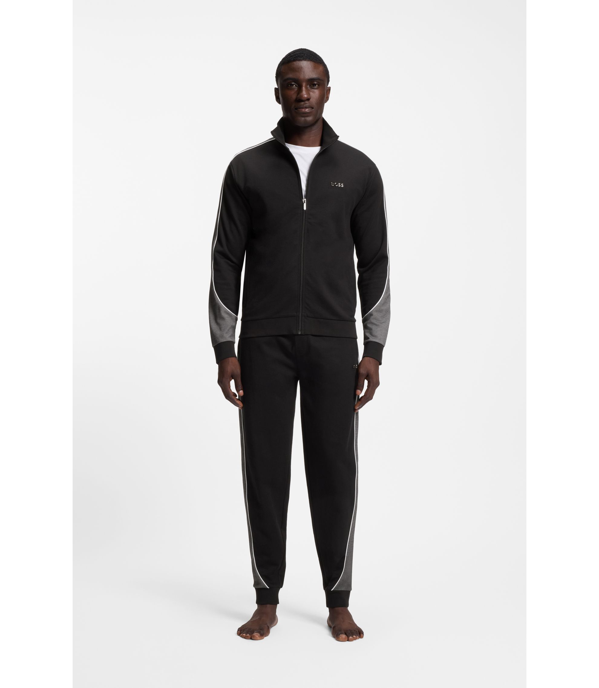 BOSS - Contrast-detail zip-up jacket in a cotton blend - Black