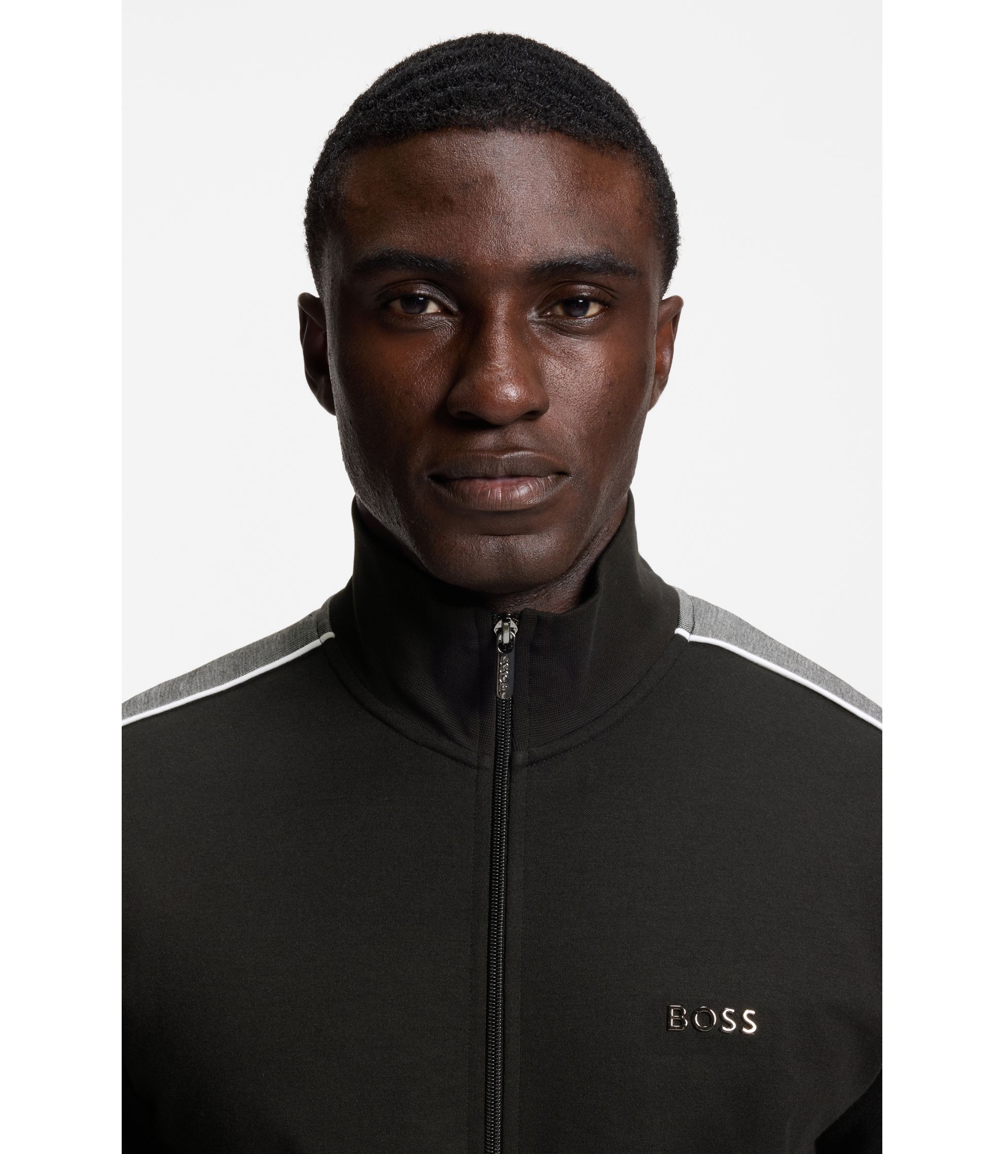 BOSS - Contrast-detail zip-up jacket in a cotton blend - Black
