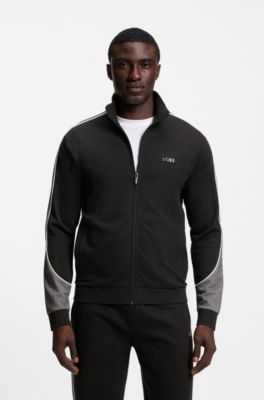 Veste zipp&eacute;e en coton m&eacute;lang&eacute; avec d&eacute;tails contrastants, Noir