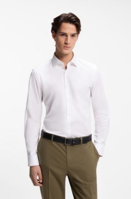 Camisa slim fit en algod&oacute;n Oxford con pu&ntilde;os cl&aacute;sicos, Blanco