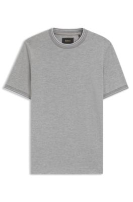 Camiseta de algod&oacute;n y seda con ribete en el cuello, Plata