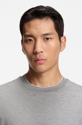 Camiseta de algod&oacute;n y seda con ribete en el cuello, Plata
