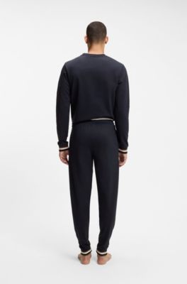 Cotton-terry tracksuit bottoms with signature stripes and logo, Dark Blue