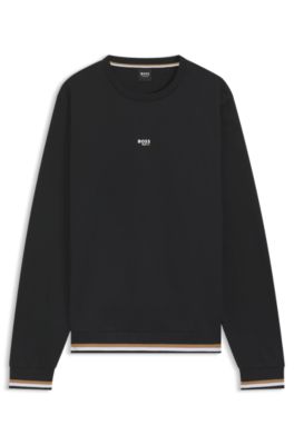 Sudadera de felpa de rizo de algod&oacute;n con rayas distintivas y logo, Negro