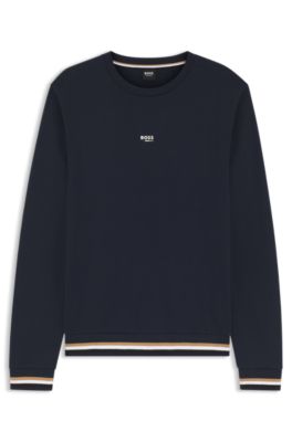 Sweat en molleton de coton avec rayures embl&eacute;matiques et logo, Bleu fonc&eacute;