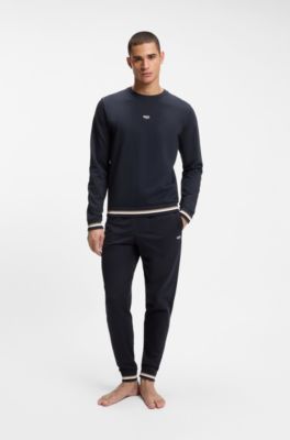 Sweat en molleton de coton avec rayures embl&eacute;matiques et logo, Bleu fonc&eacute;