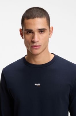 Sweat en molleton de coton avec rayures embl&eacute;matiques et logo, Bleu fonc&eacute;