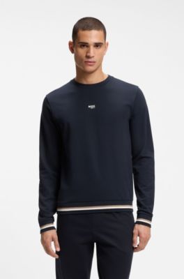 Sweat en molleton de coton avec rayures embl&eacute;matiques et logo, Bleu fonc&eacute;