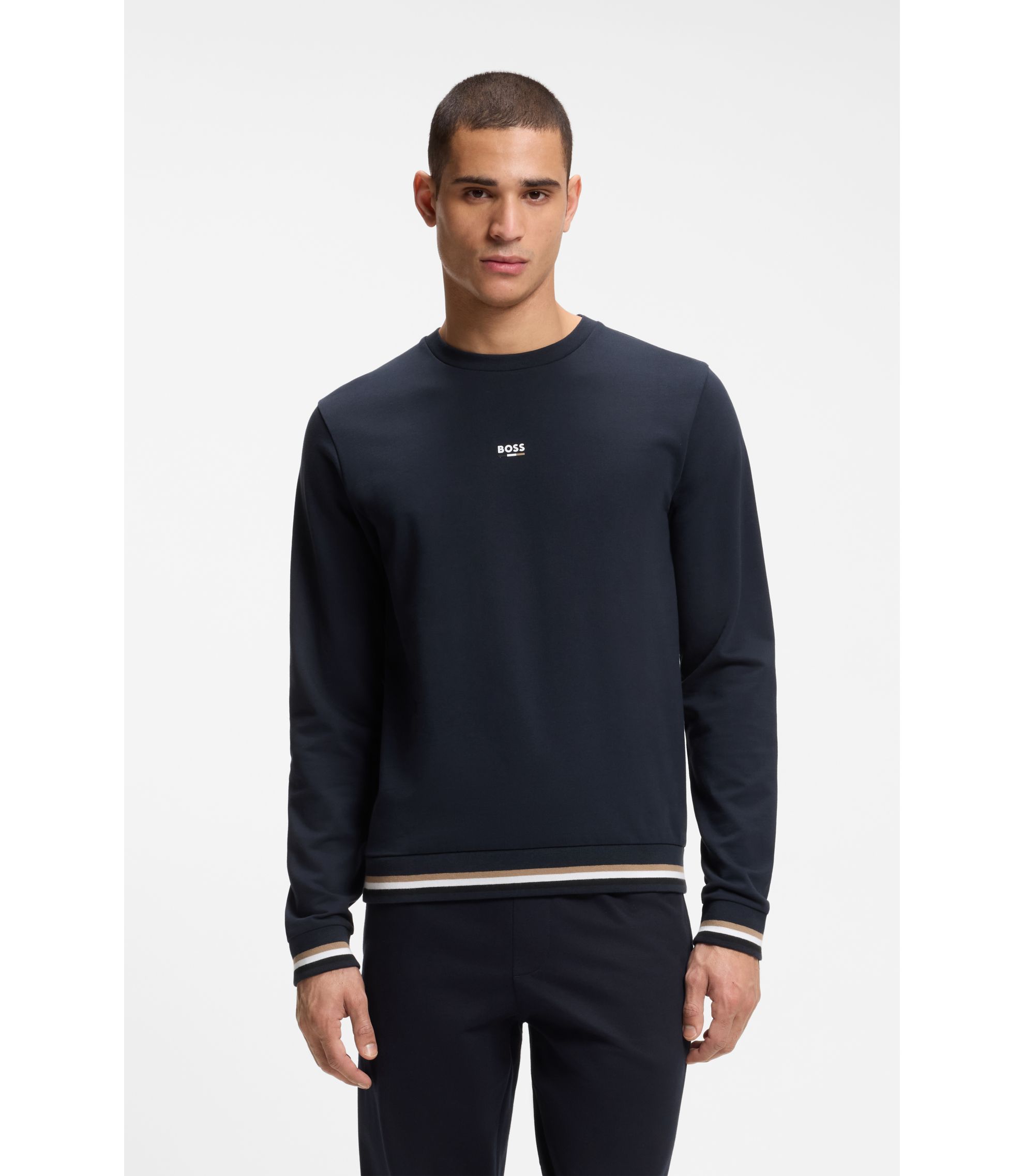 BOSS - Cotton-terry sweatshirt with logo and signature stripes