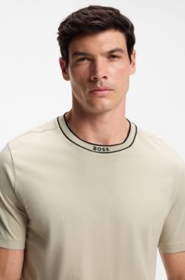 Camiseta de algod&oacute;n con cuello redondo y logo, Beige claro