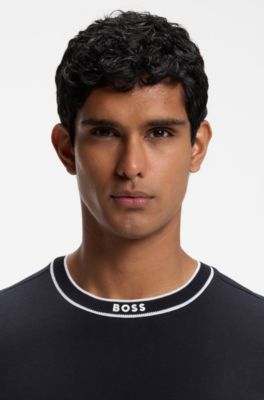 Camiseta de algod&oacute;n con cuello redondo y logo, Azul oscuro