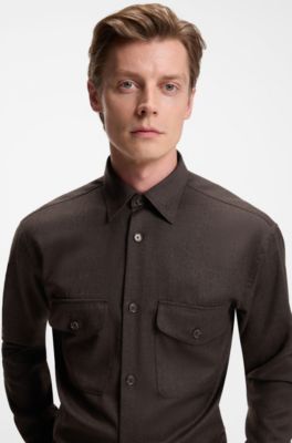 BECKHAM x BOSS relaxed-fit shirt in virgin wool, Light Brown