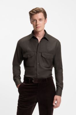 BECKHAM x BOSS relaxed-fit shirt in virgin wool, Light Brown