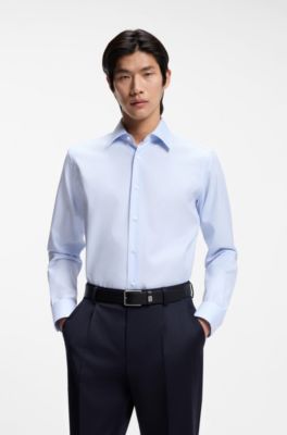 Camisa regular fit en algod&oacute;n italiano con rayas, Celeste